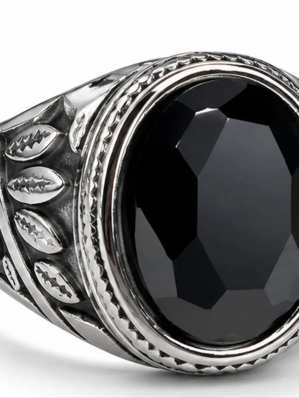 Men's Black Stone Stainless Steel Ring Rhodium Plated Gothic Statement Ring - Picture 3 of 11